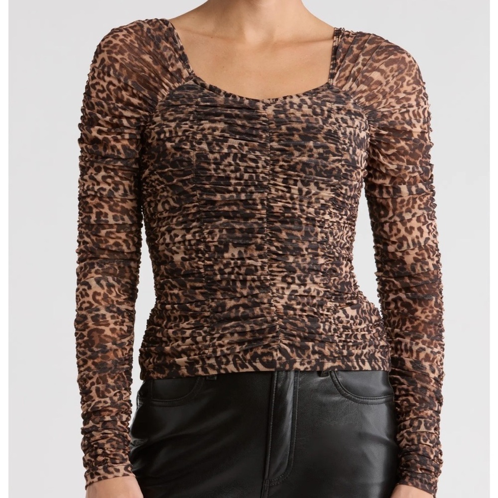 Muse Leopard Ruched Long-Sleeve Top - Brown/Black Small NWT